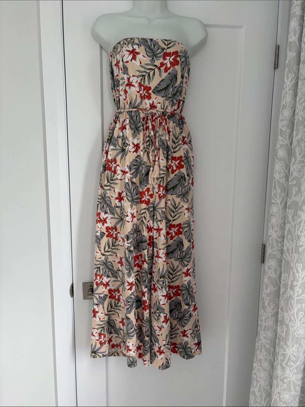 Strapless Tropical Jump Suit in Cream with Red Floral Print